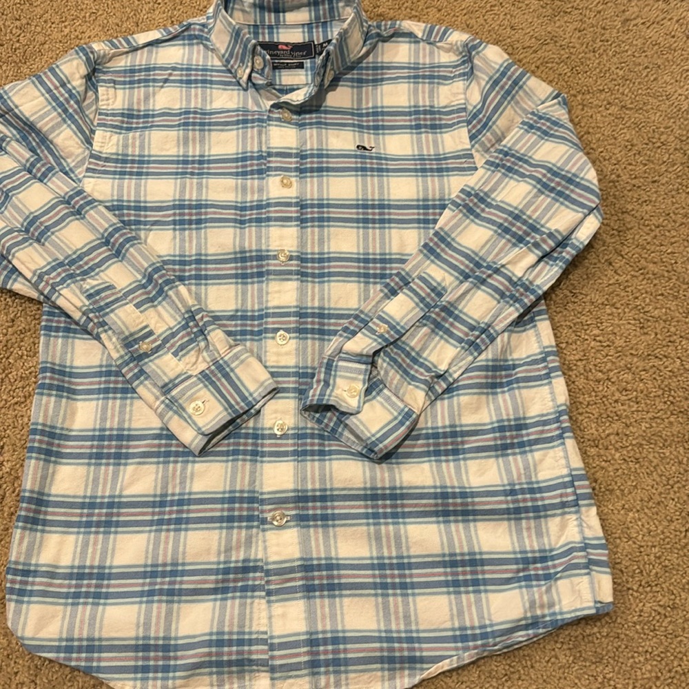Vineyard Vines M (12/14) Blue plaid whale shirt